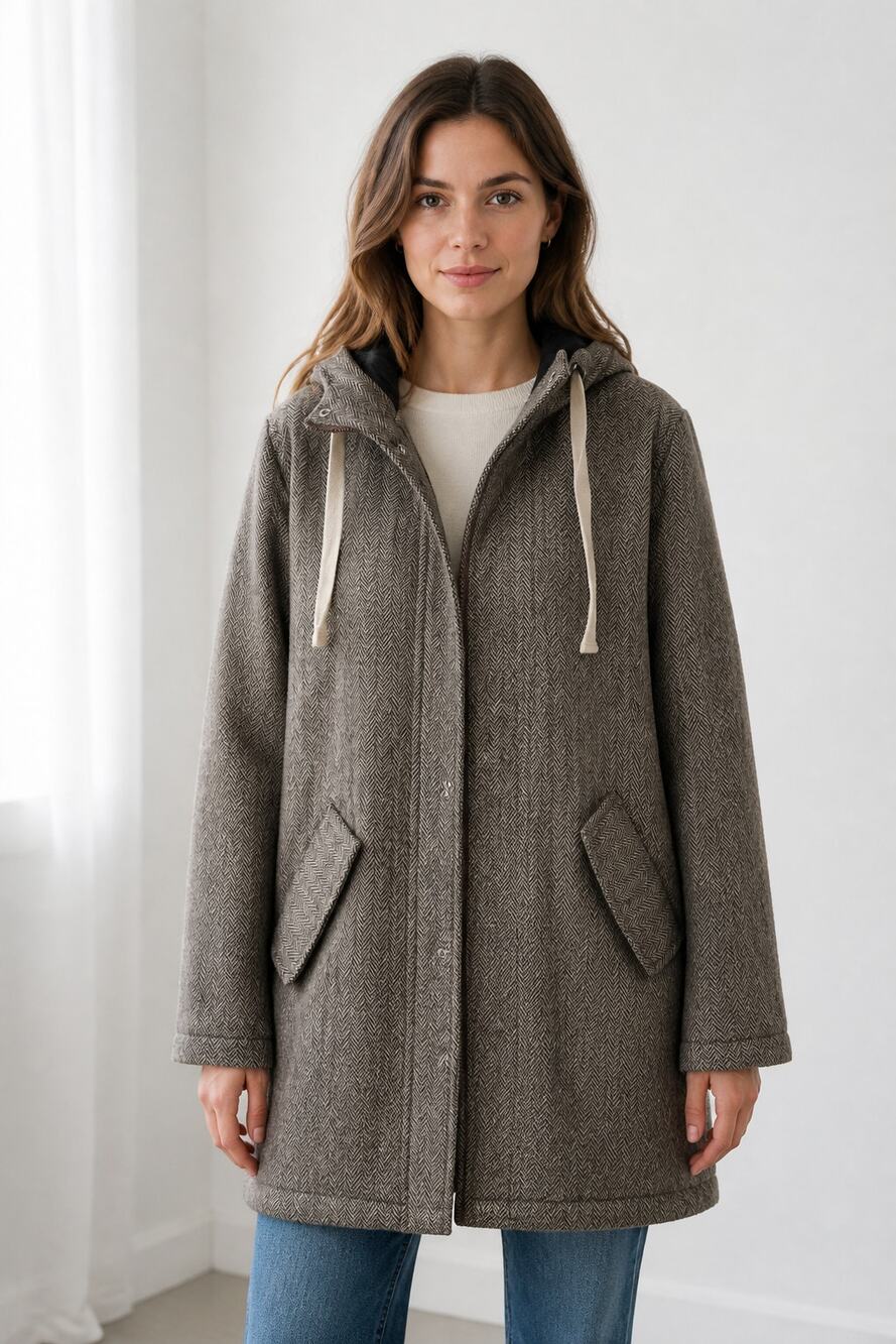 And Now This Brown Herringbone Hooded Coat M